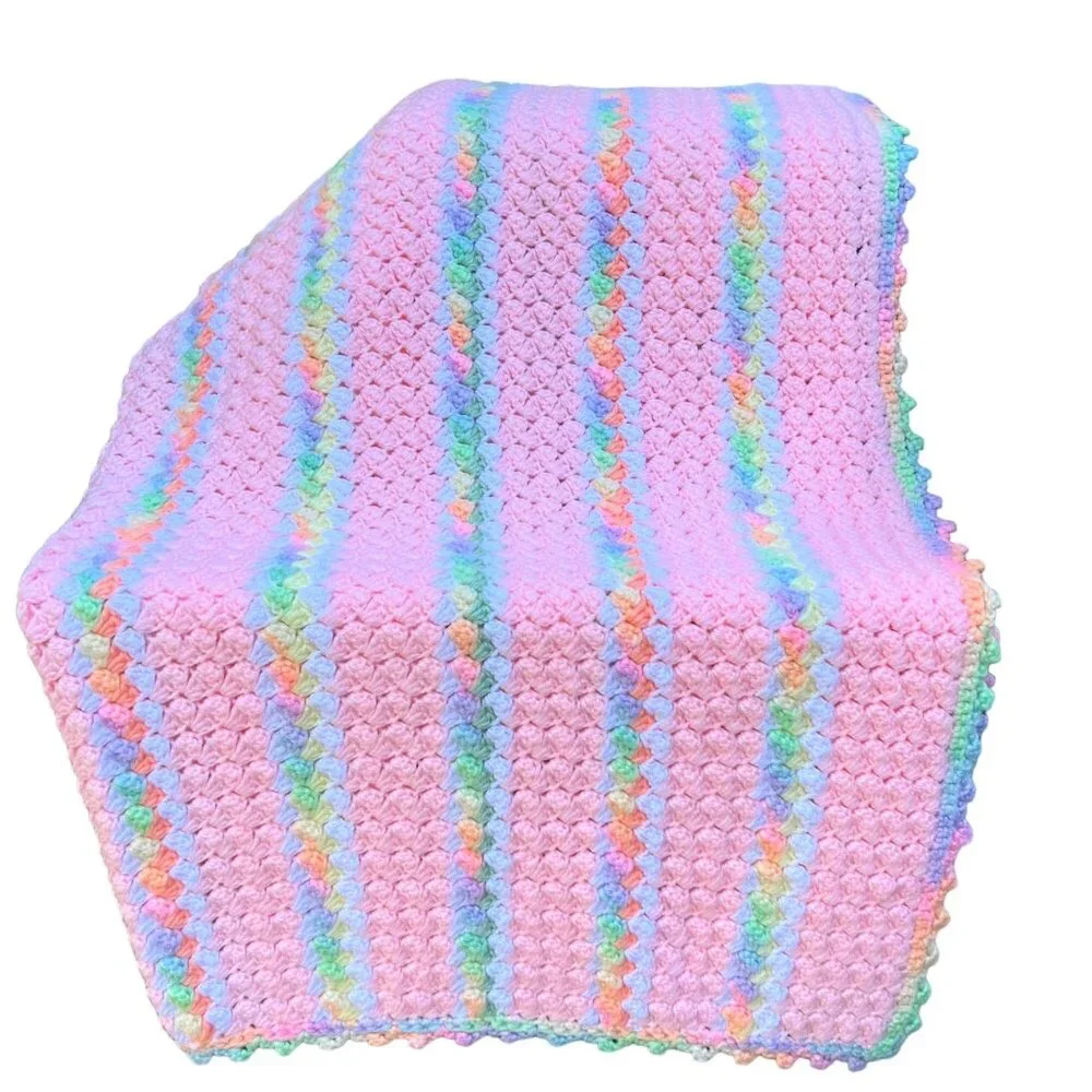 Baby Afghan Hand Crocheted 34X42 Pink Multi Color Rainbow Stripes Scalloped Edge